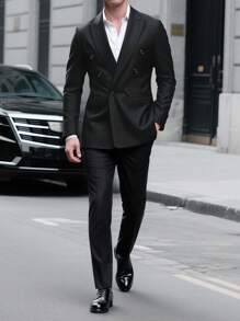 Manfinity Mode Men's Double-Breasted Lapel Neck Long Sleeve Business Formal Suit Set - Black - View 1