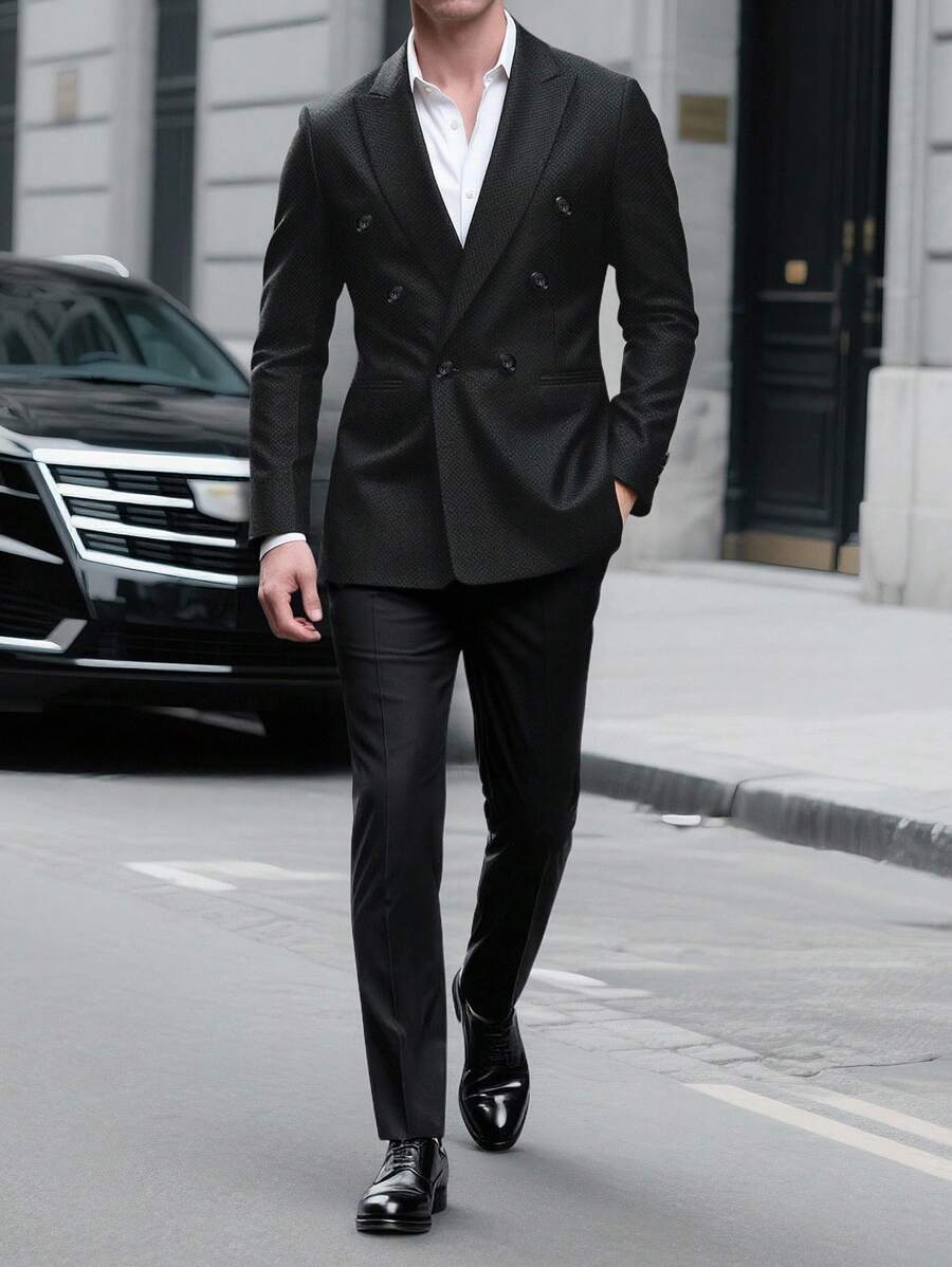 Manfinity Mode Men's Double-Breasted Lapel Neck Long Sleeve Business Formal Suit Set - Black - View 1
