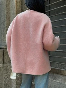 INAWLY Áo khoác ngoài rộng rãi tay dài trễ vai màu trơn buộc dây phía trước cho nữ - Hồng - Xem 2