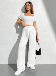 Pantalones de pierna ancha largos con cinturón y unicolor - Blanco - Ver 6