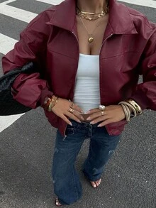 SHEIN EZwear 女士秋装新款落肩长袖拉链红色 PU 皮夹克，适合日常穿着 - 酒紅色 - 查看 4