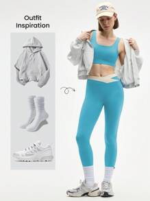 Easify SHEIN Sport Conjunto deportivo premium para mujer en color beige y aguamarina, top corto y leggings de cintura alta con bloques de color, ideal para el gimnasio y un estilo de vida activo