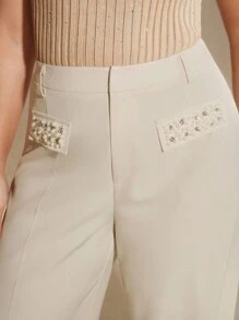 Anewsta 大码女式现代优雅新款混合珍珠和水钻装饰阔腿裤