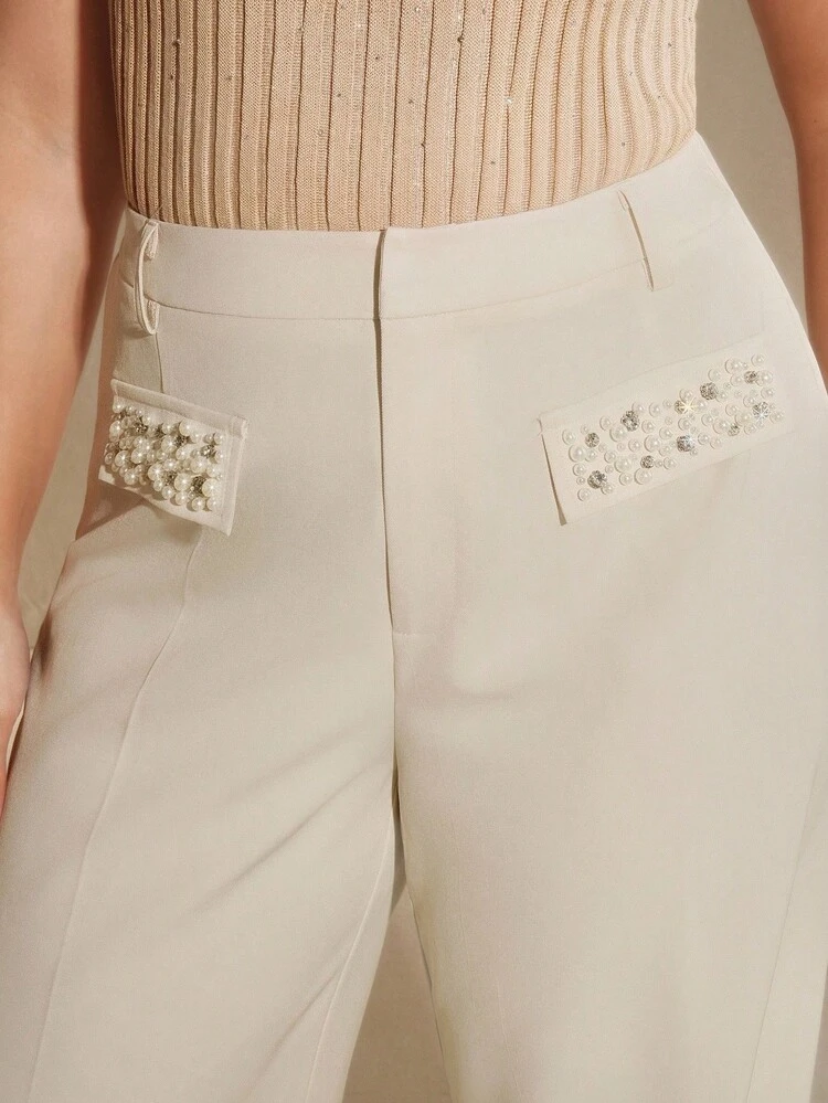 Plus Size Women's Modern Elegant New Mixed Pearl & Rhinestone Decor Wide Leg Pants Winter Fall Autumn