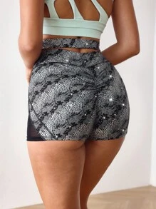 Menodora SHEIN Sport Short de sport pour femmes avec texture métallique, motif peau de serpent et découpes croisées - Rose vif - Voir 3