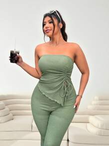 Solflare Bộ 2 món: Áo Bandeau màu cà phê và quần ống loe, cỡ lớn, quần áo xuân hè - xanh quân đội - Xem 5