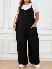 SHEIN CURVE+ Plus Size Women's Solid Color Pocket Design Wide Leg Loose Casual Jumpsuitfall Clothes For Women,Winter,CURVE PLUS/Autumn /Winter