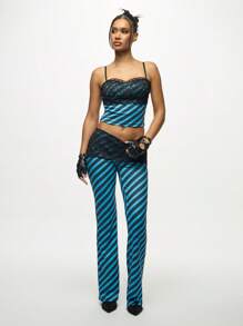 SUMWON WOMEN 斜条纹蕾丝边阔腿裤晚会长裤复古俱乐部服装时尚个性下装秋冬场合魅力 - 藍色 - 查看 5