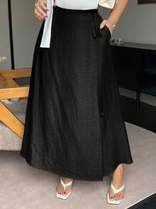 Dazy Plus 纯色系带口袋直筒长裙，夏季 - 黑色 - 查看 6