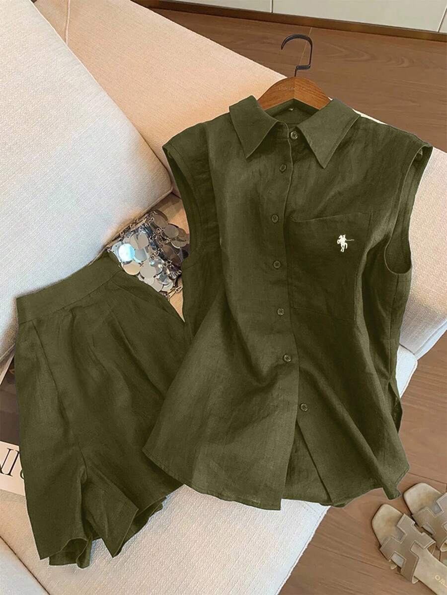 Airaco Women's Knight Print Single-Breasted Pocket Shirt And Shorts Casual 2 Pieces Set - Army Green - View 1