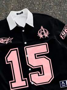 Manfinity ZONE917 男士数字印花撞色 Polo 领短袖休闲衬衫 - 黑色 - 查看 2