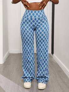 SHEIN SXY Women's Fashion Commuter All-Over Print Straight Leg Jeans - Multicolor - View 5