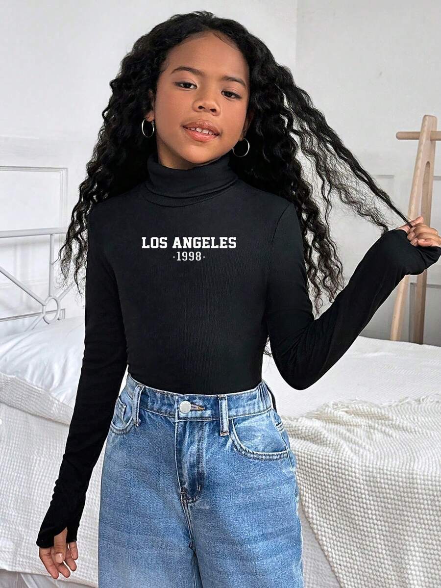 Tween Girl Casual Fitted Black Crew Neck Printed T-Shirt Autumn Fall Winter - Black - View 1