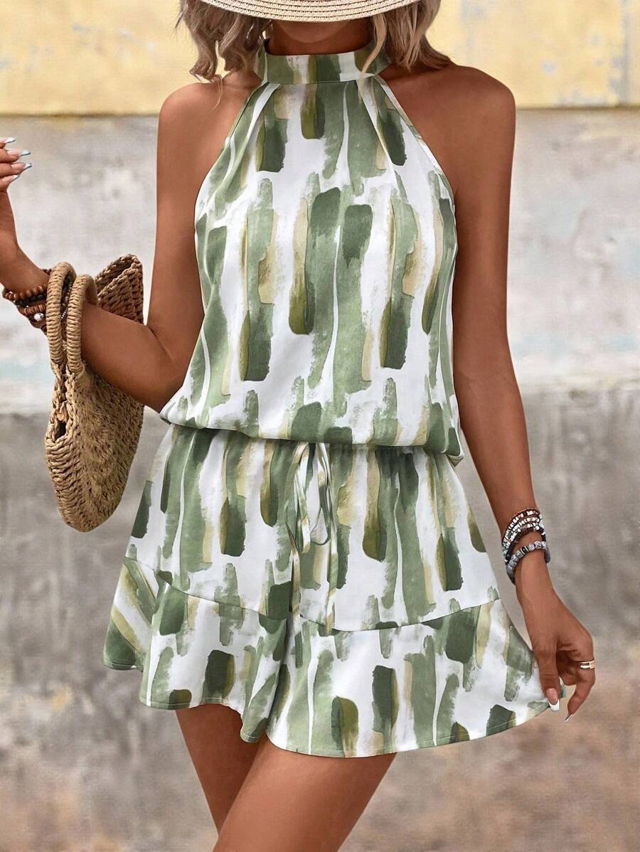 SHEIN VCAY Spring Brush Print Halter Top & Ruffle Hem Shorts