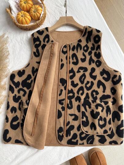 Comfortcana Chaqueta sin mangas con estampado de leopardo vintage, de talla grande, informal para otoño/invierno