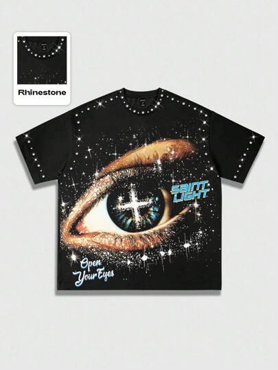 Grunge Punk Men Printed Eye Rhinestone Embellished Round Neck Short Sleeve T-Shirt, Unisex Summer Top, 2000s Style