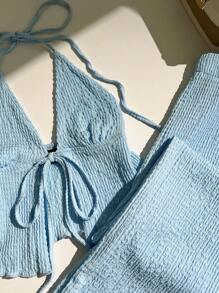 Elamini Textured Fabric Pleated Halter Neck Loose Wide Leg Pants Set