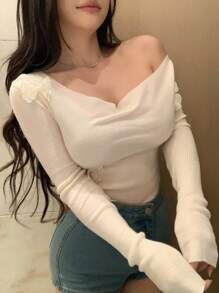 DAZY 女式蝴蝶结装饰垂坠领长袖修身休闲套头衫秋季 - 杏色 - 查看 5