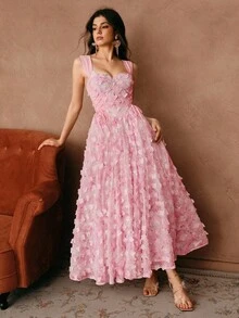 Savoree Women's Elegant Romantic Pink Floral Print 3D Flower Drawstring Waist A-Line Corset Off-The-Shoulder Dress