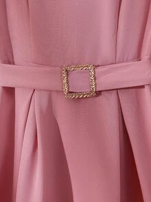 Franclia 女装春秋法式优雅高端V领百褶腰带修身长袖连衣裙 - 藕粉色 - 查看 6