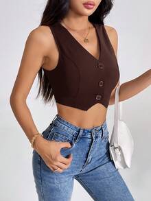 SHEIN PETITE Summer Tank TopsSolid Button Front Crop Waistcoat Chocolate Brown Top In Fall/Winter