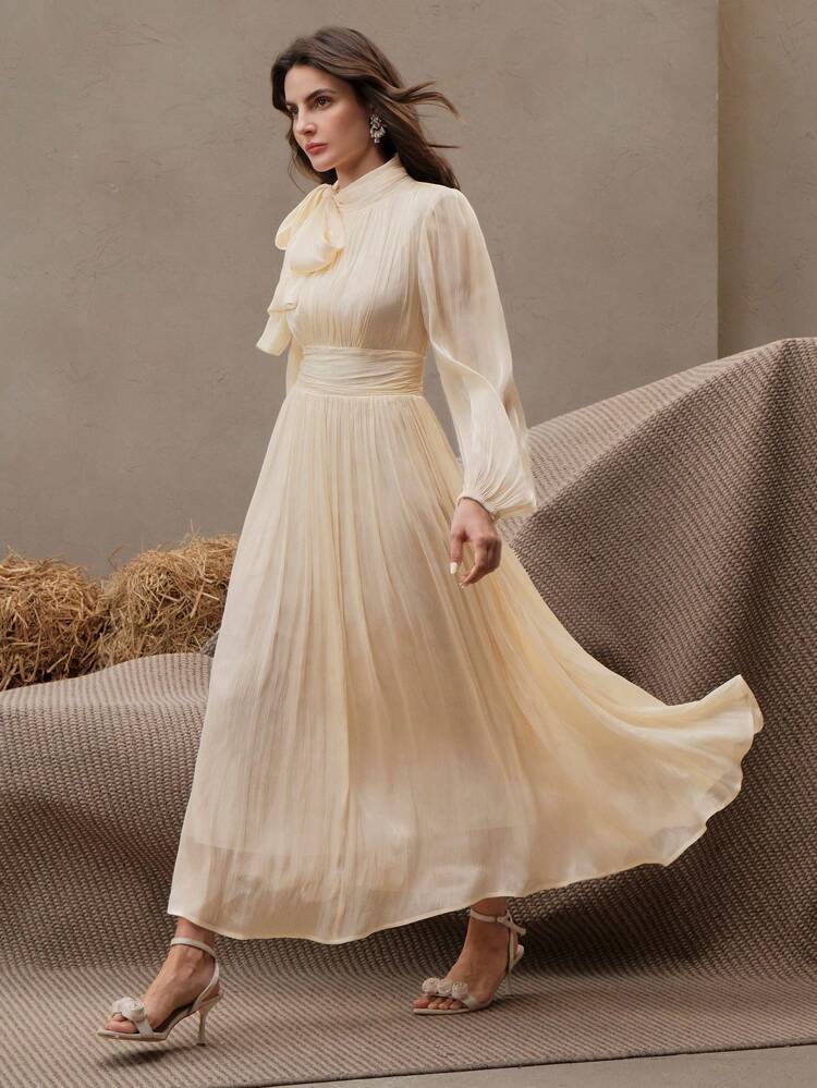 Anewsta Essential Women's Long Dress, Spring & Autumn, Waist Pleated Shiny Elegant & Versatile
