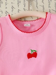 2pcs/Set Girls (Small) Cute Round Neck Knitted Cherry Embroidered Sleeveless Top And Denim Pleated Embroidered Denim Skirt, Sweet And Lovely Summer Outfit Girls Cherry Outfit Set Girls Denim Skirt Set Summer Girls Outfit Toddler Girl Clothes 2pc Girls Outfit Set Fall Winter