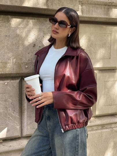 Aloruh Chaqueta de PU rojo Ancora versátil y de moda para otoño/invierno, otoño, año nuevo, elegante, burdeos, estilo old money, casual