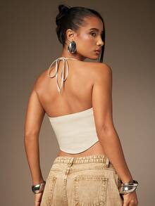 Hauture Women's Solid Color Zip Front Cropped Halter Top - Light Grey - View 5