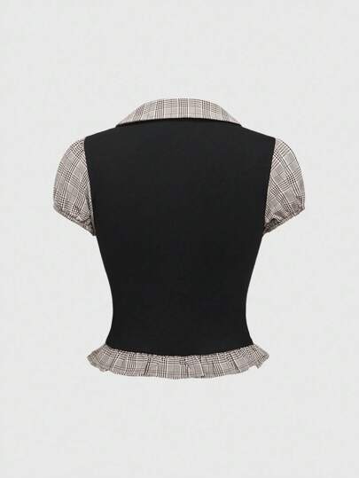 Academia Camisa de mujer de manga corta con estampado a cuadros en blanco y negro de estilo universitario en 2 en 1