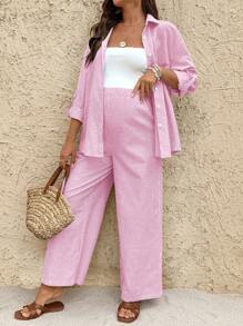 SHEIN 秋季服装，秋季服装，孕妇装秋季服装孕妇纽扣衬衫领上衣和可调节腰部阔腿裤宽松孕妇两件套孕妇装两件套纯棉两件套夏季裤子套装阔腿裤套装条纹孕妇裤套装女士夏季套装 - 粉色 - 查看 5