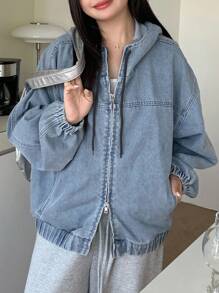 Dazy Plus Light Wash Blue Hooded Zip-Up Loose Lantern Sleeve Hem Drawstring Denim Jacket, Plus Size Women, Fall Women Jacket