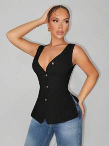 Sirith 女士性感优雅休闲深 V 领系腰袖开衫衬衫，适合日常旅行通勤 - 黑色 - 查看 5