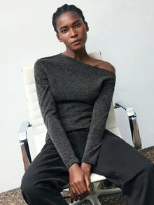 Maija 2025 Asymmetric Shoulder Fitted Elegant Long Sleeve Women T-Shirt,Fall For Women, Winter, Halloween,National Day, Going Out, Going Out Top, Elegant Women's Tops,Autumn And Winter Base Shirt, Basic Style, Versatile, Long-Sleeved, Slim-Fit Knit - Dark Grey - View 7