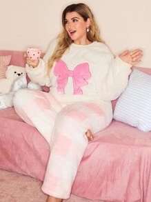 SHEIN Sweet Ins Bow Embroidery Top And Plaid Pattern Pants Cozy Plush Oversized Fluffy Pajama Set, Cute Lounge Wear, Fall Winter Clothes - Multicolor - View 4