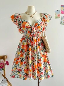 Soleia Colorful Printed Fabric Flutter Sleeve Cap Sleeve Bowknot Front A-Line Dress, Vacation Style, Spring/Summer - Multicolor - View 1