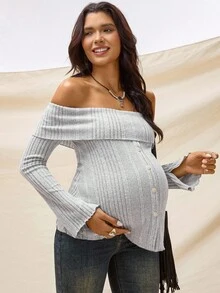 Boho Mama 孕妇纯色露肩喇叭袖荷叶边条纹单排扣T恤 - 灰色 - 查看 8