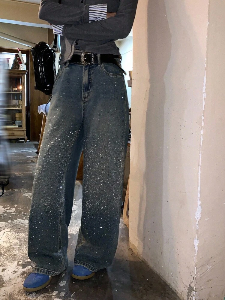 Women's Rhinestone Embellished Casual Mid-Length Baggy Jeans
