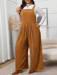 大码女式纯色口袋褶皱阔腿宽松休闲连体裤 - 棕色 - 查看 3