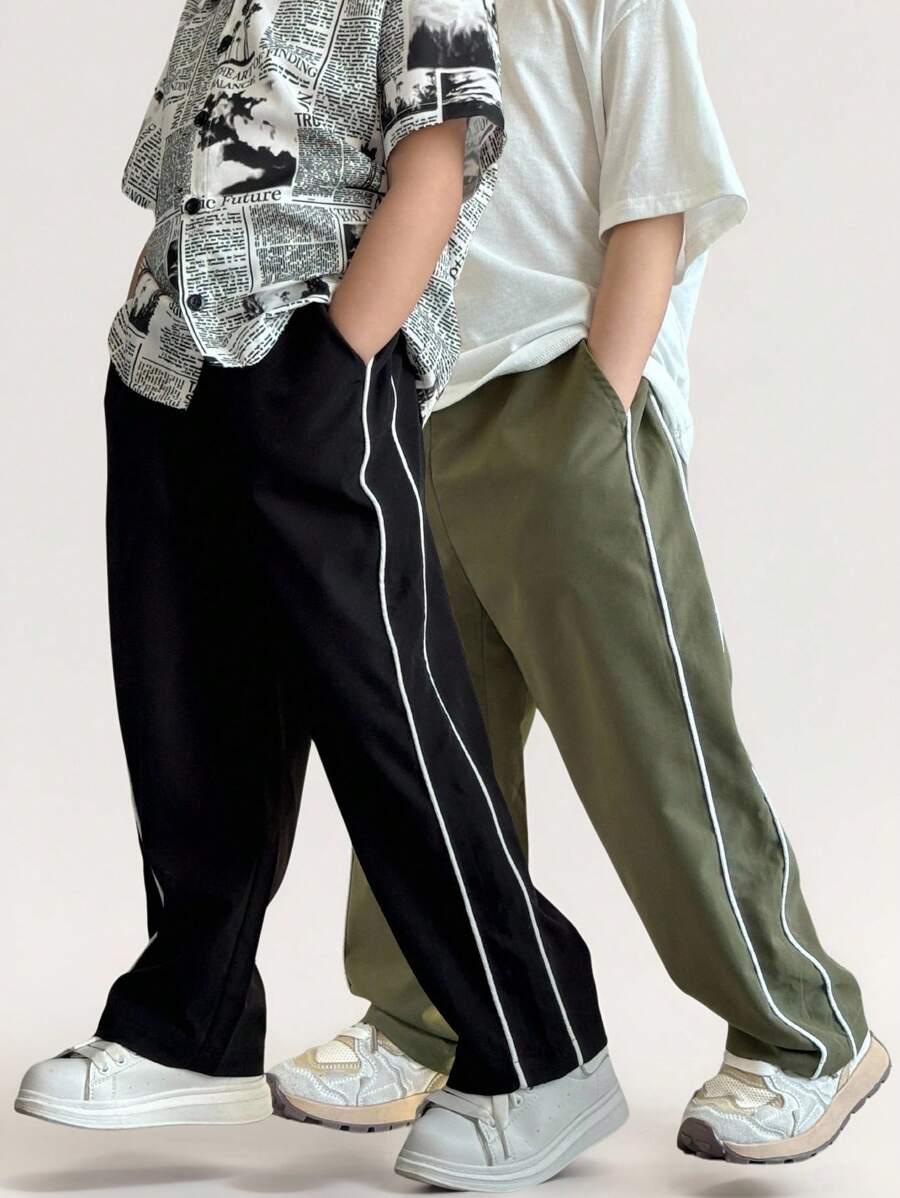 SHEIN 2 件套年轻男童运动服休闲时尚百搭直筒裤,带抽绳,柔软舒适,适合日常穿着、上学、外出、运动、春夏秋冬 - 彩色 - 查看 1