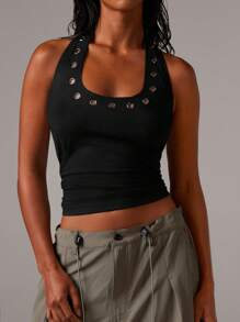 Athîral Women's Halterneck Stud Hardwear Eyelet Jersey Top - Black - View 5