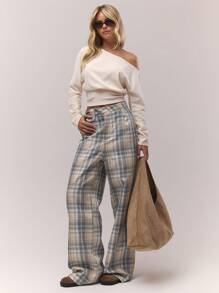MUSERA 阔腿修身格纹口袋细节长裤，秋季复古乡村风，返校季必备，奶油黄休闲女装，奶油糖色，夏季百搭 - 彩色 - 查看 2