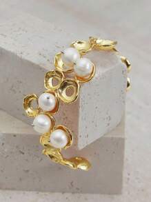Opalesca 1pc Asymmetrical Bubble Faux Pearl Bracelet, Textured, Metallic, 18K Gold Plated, Elegant, Cute, Luxury, Suitable For Work, Party, Casual, Wedding, Holiday, Vacation, Camping, Y2K, For Mom, Women, Girl, Fall, Autumn, Winter, Festival, Holiday, Vacation, Old Money, Halloween,For Mom/Women/Girl/Mother,Fall/Autumn/Winter,Outfits,Old Money,Premium,Pearl,Elegant,Fairycore/Fairy - Yellow Gold - View 4
