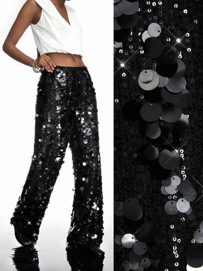 LYSMO 2025 Women's Fashionable Sequin Straight Leg Elegant Pants For Women/Country Concert /Influencer Style, Inspired Fashion, Light Party Vibe, Glamorous Yet Minimalist With A Cutting-Edge Touch, Grunge Chic, Streetwear/Women's Winter /Nightmare Before Christmas/Halloween Costume Women /Christmas Women's