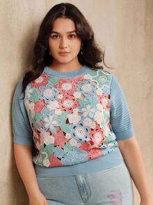 Anewsta Plus Size Hollow Crochet Asymmetrical Floral Knit Sweater - Blue - View 4