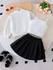 SHEIN 3pcs Young Girls Knitted Bowknot Cardigan, Ribbed Camisole, And Pleated Skirt Set, Fashionable Children Casual Outfit For Autumn Fall Winter - White - View 2