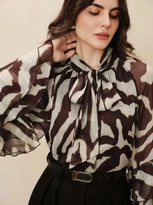 Anewsta Blusa elegante de cuello redondo con mangas de campana raglán, tirantes finos y estampado semitransparente - Marrón - Ver 4