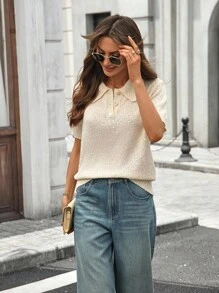 Ritzy Row Elegante suéter de mujer con cuello reversible, botones frontales, lentejuelas y cuentas, estilo francés