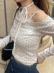 FRIFUL Women's Oblique Collar Asymmetrical Neckline Long Sleeve Polka Dot Drawstring Tie Shoulder Fitted Casual Versatile T-Shirt, Autumn