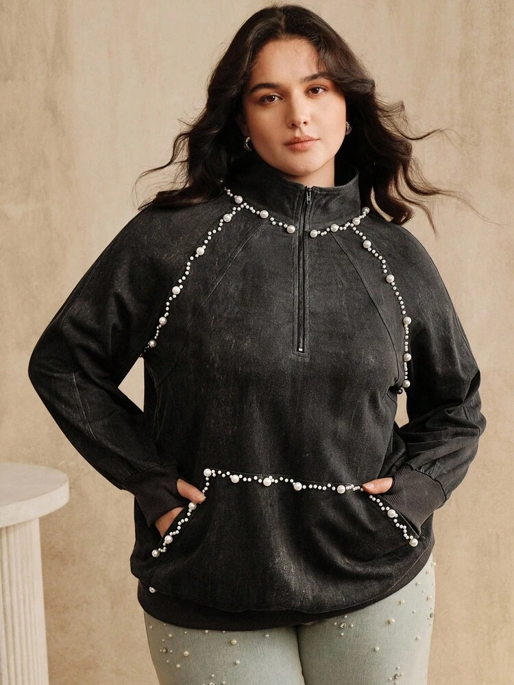 Elegant Modern Fashion Luxury Short Zip-Up Pocket Studded Sweatshirt Top, Suitable For Spring, Summer, Autumn, Winter, Going Out, Elegant, Formal, Party, Chic, New Year, Christmas, Work, Graduation, Wedding